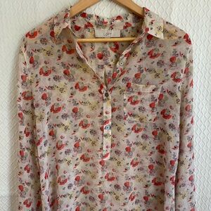 Ann Taylor LOFT Sheer Floral Button-Down Tunic in Cream/Red/Yellow Floral Print.